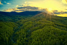 the sun shines brightly through the clouds over a forest