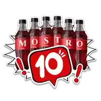 six bottles of mostro coca cola are lined up next to a speech bubble that says 10