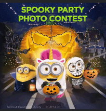 an advertisement for a spooky party photo contest with minions