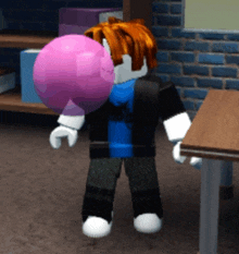 a roblox character blowing a pink bubblegum balloon