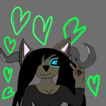 a drawing of a girl with horns and hearts around her