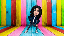 a cartoon woman is standing in front of a colorful wall