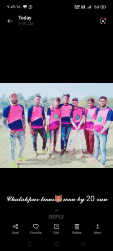 a group of young men are posing for a picture in a field with the words chalakpur lions won by 20 run