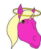 a drawing of a pink horse with a yellow mane and a halo around its head