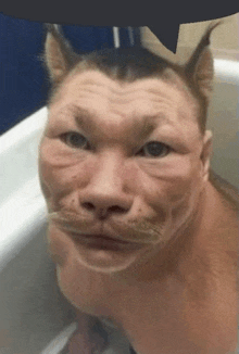 a man that looks like a cat with a mustache is sitting in a bathtub