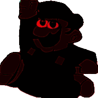 a black cartoon character with red eyes is waving