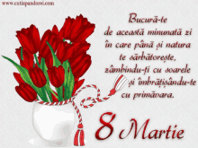 a bouquet of red tulips in a white vase with the date 8 martie on the bottom