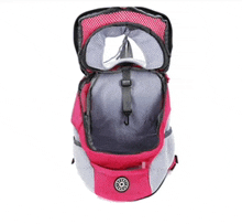 the inside of a pink and gray backpack with a logo on it