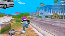 a screenshot of a video game shows a woman running down the street