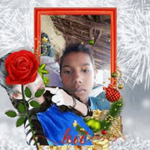 a boy is holding a red rose in a picture frame