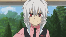 a boy with white hair and red eyes is wearing a pink shirt and tie