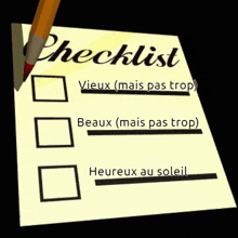 a checklist in french with a pencil on top