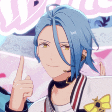 a man with blue hair is giving a thumbs up sign