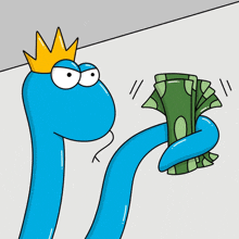 a cartoon of a blue snake with a crown on its head holding a bunch of money