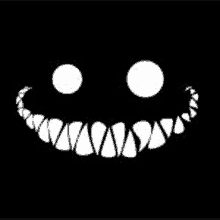 a white smiley face with sharp teeth on a black background