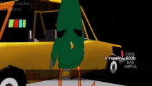 a cartoon character in a green hoodie is standing in front of a yellow car with the words cool u rapping good bad awful