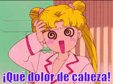 a cartoon of a girl with a swirl in her eyes and the words " que dolor de cabeza " below her