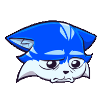 a cartoon drawing of a blue and white cat with a sad look on its face