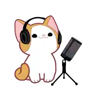 a cartoon cat wearing headphones sitting next to a microphone