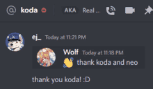 a screenshot of a discord chat between wolf and koda