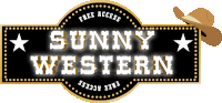 a sign that says sunny western with a cowboy hat in the background