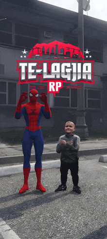 a man in a spiderman costume stands next to a little boy in front of a te-lagia rp logo