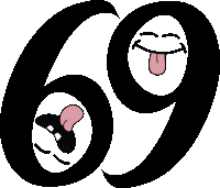 a cartoon drawing of the number 69 with two faces sticking out their tongues