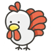 a cartoon chicken with a red tail and a yellow beak is standing on a white background .