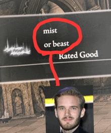 a man with a beard stands in front of a sign that says mist or beast rated good