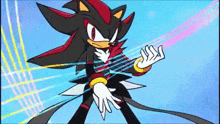 shadow the hedgehog from sonic the hedgehog is standing in front of a blue sky .