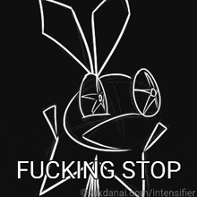 a black and white drawing of a frog with the words fucking stop written below it