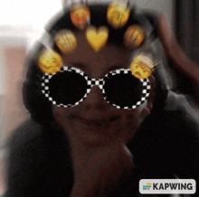 a blurred image of a person wearing sunglasses with smiley faces on their face