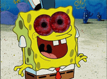 a cartoon character named spongebob has red eyes