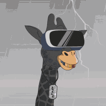 a giraffe wearing a virtual reality headset with a lightning bolt in the background