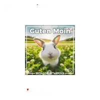 a picture of a rabbit in a field with the words guten moin