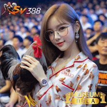 a woman is holding a rooster in front of a museum bola logo