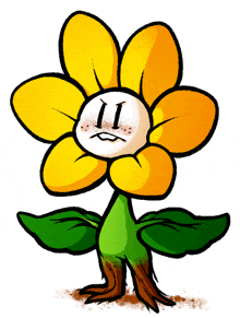 a cartoon drawing of a flower with an angry face and a green stem