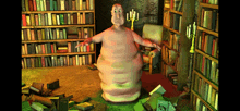 a cartoon character is standing in a library with books on the floor