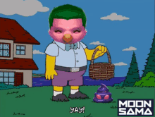 a cartoon character with green hair is holding a basket in front of a house that says moon sama