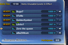 a screenshot of a video game that says battle time 15 ' 00 items unusable levels in effect