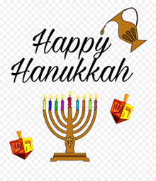 a happy hanukkah greeting card with a menorah , dreidels and a pitcher