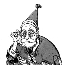 a black and white drawing of a bearded man wearing a party hat and glasses .