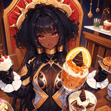 a girl is sitting in a chair holding a cup of dessert