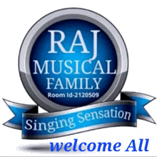 a blue and silver logo for raj musical family singing sensation