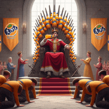 a king is sitting on a throne surrounded by fanta bottles