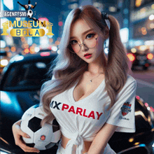 a woman wearing a shirt that says mx parlay holding a soccer ball