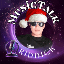 a man wearing a santa hat and sunglasses is featured in a music talk ad