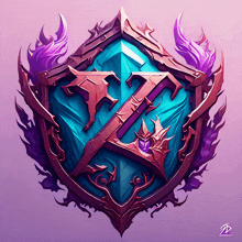 a purple and blue shield with a sword in the center