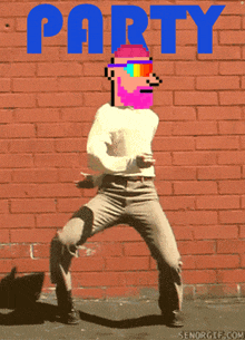 a pixel art of a man dancing in front of a brick wall with the word party above him