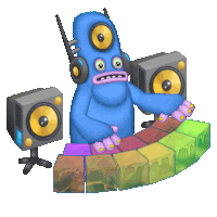 a blue monster with headphones on is playing a keyboard